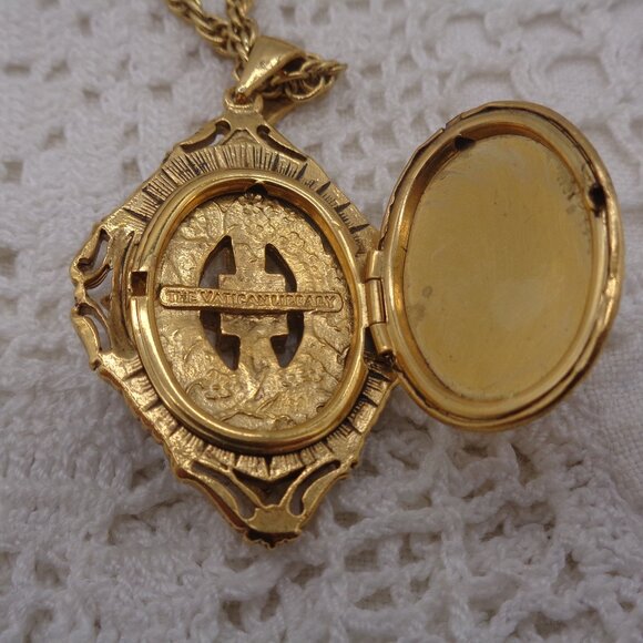 Vatican Library Enamel Cross Locket Pendant Necklace AB Rhinestones - Picture 5 of 7